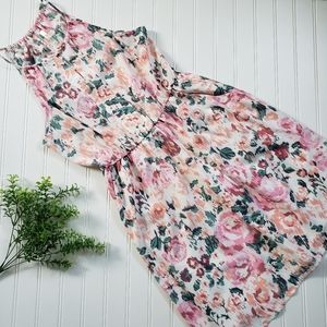 Under Skies High Neck Dress Floral Rose Print Pink Peach size Small